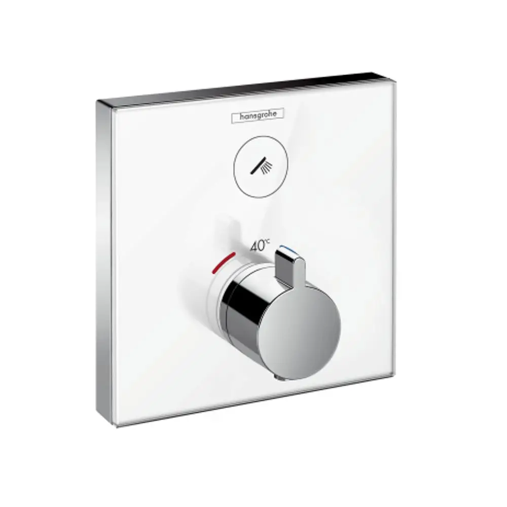 Thermostat für Dusche von Hansgrohe, Unterputzmontage, mit einem Drehknopf zur Temperaturregelung und einem Symbol für den Wasserfluss. Oberfläche in Weiß und Chrom.